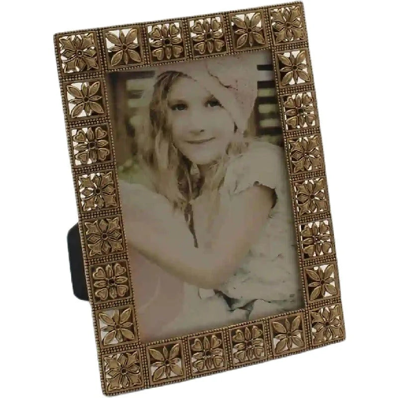 Antique Gold Metal Photo frame with Flower Square - 18cms