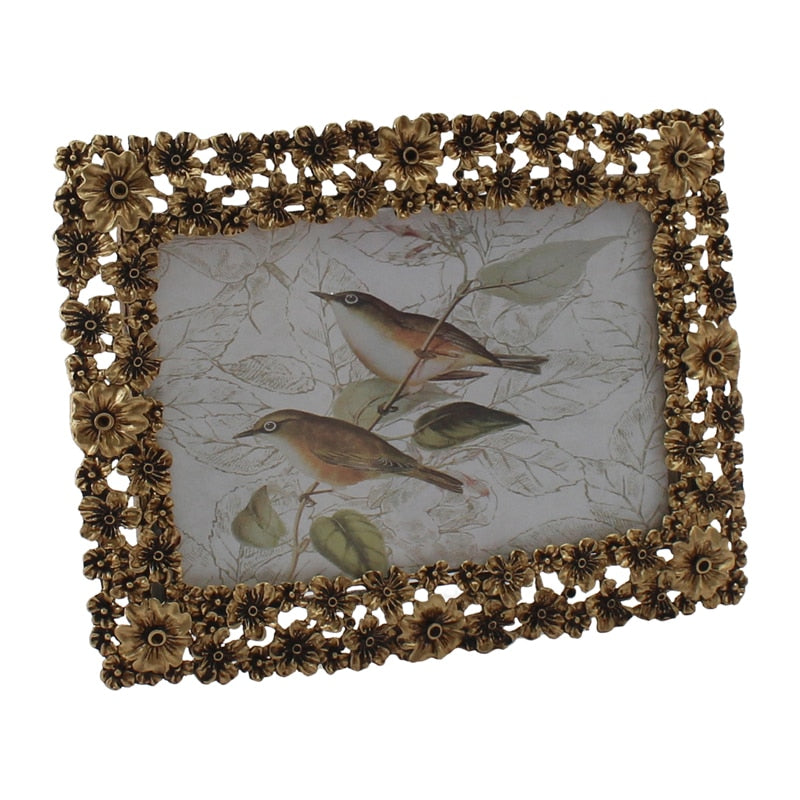 Antique Gold Metal Photo frame with Flowers - 18cms