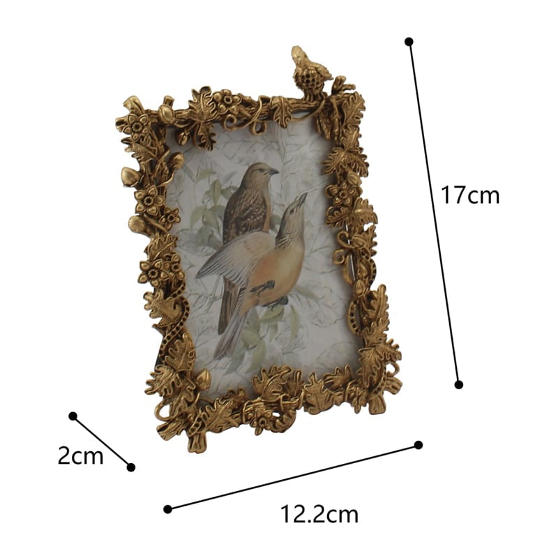 Antique Gold Metal Photo frame with Perched Bird - 17cms