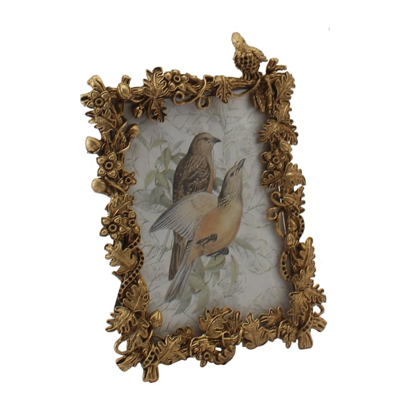 Antique Gold Metal Photo frame with Perched Bird - 17cms