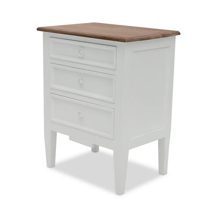 Antique Hamptons Bedside 3 Drawer Cabinet - White