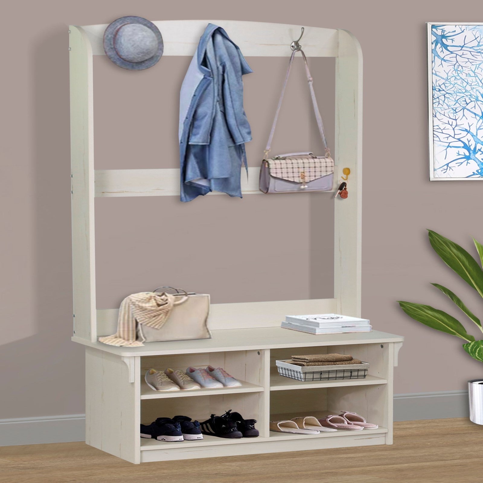 Beige Hall Tree 3 Coat Hooks 4 Shelves