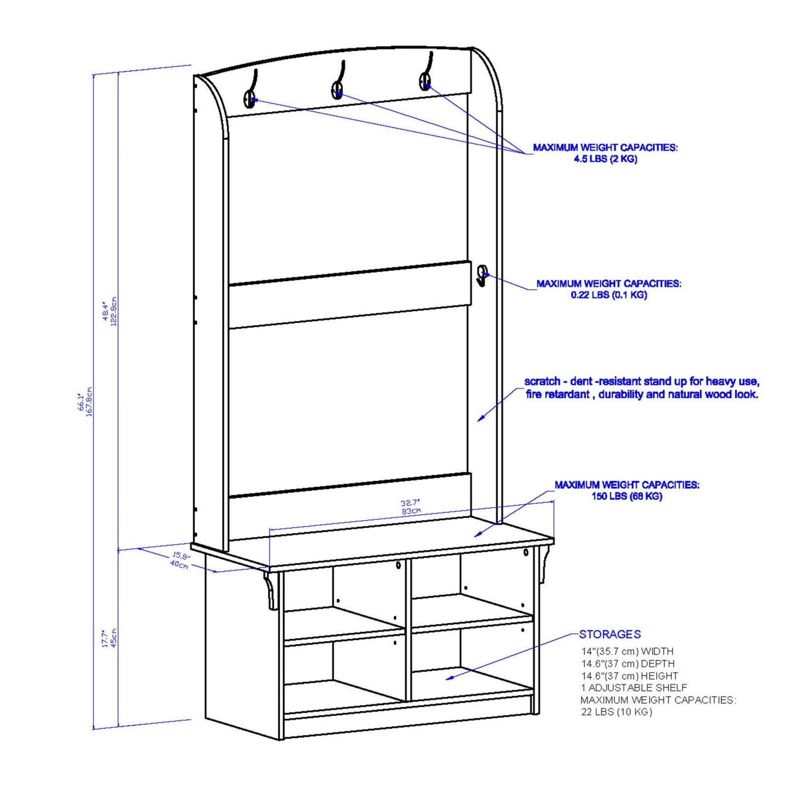 Beige Hall Tree 3 Coat Hooks 4 Shelves
