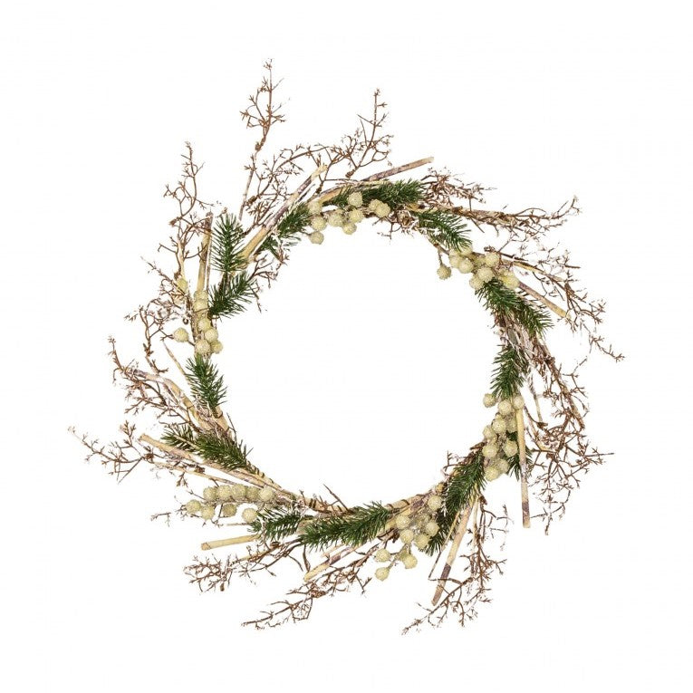 Artificial Radiant White Frosted Berry Paper Bark Wreath