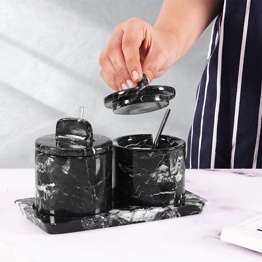 Artisan Marble Salt Cellar With Tray - Black