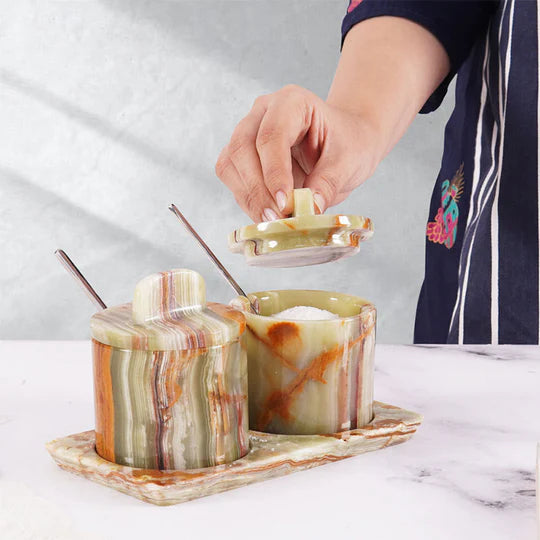 Artisan Marble Salt Cellar With Tray - Green