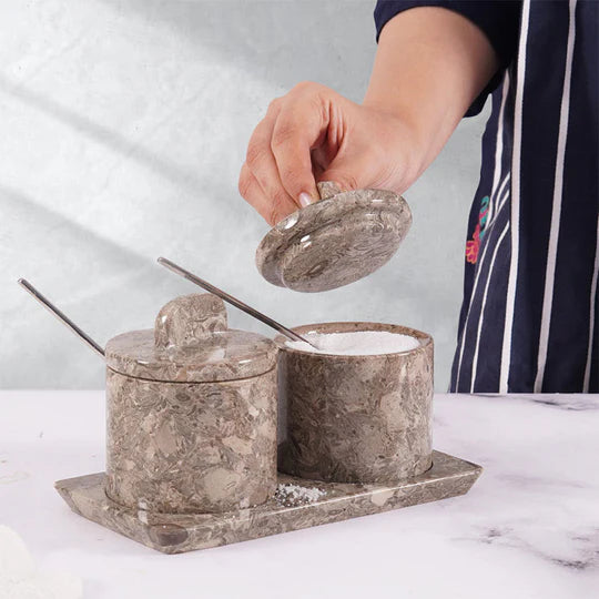 Artisan Marble Salt Cellar With Tray - Grey