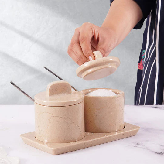 Artisan Marble Salt Cellar With Tray - Light Brown