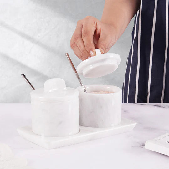Artisan Marble Salt Cellar With Tray - White