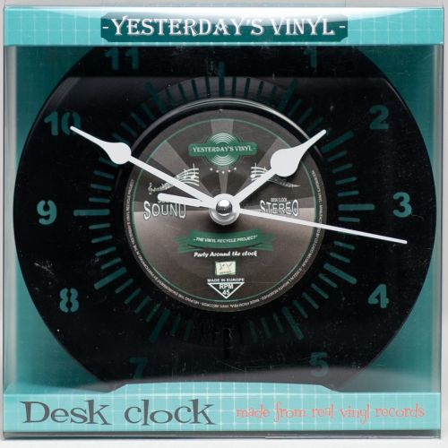 Black Vinyl Desk Clock with Stand - Retro Timepiece - 18cms