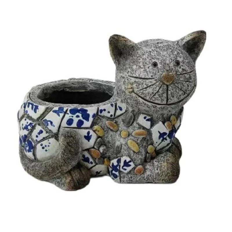 Blue & White Style Cat Planter with Hole - 31x20x23cms