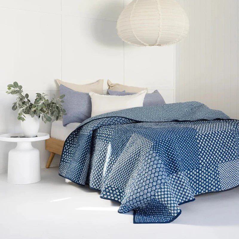 Blue and White Geometric Pattern Handmade Quilt