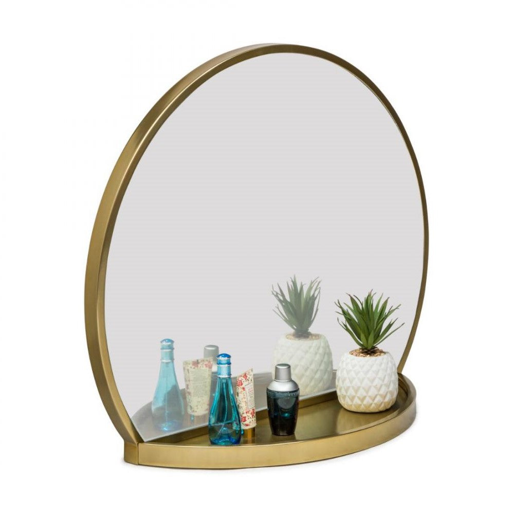 Brass Finish Round Arch Wall Mirror With Tray
