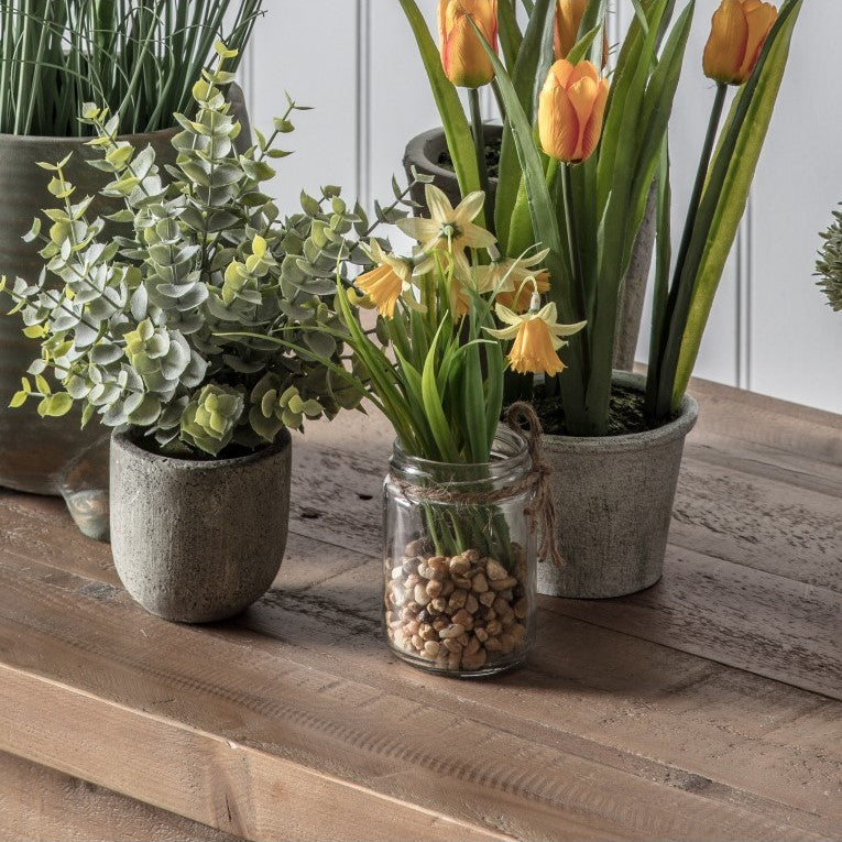 Bright Artificial Daffodils Bunch in a Glass Jar