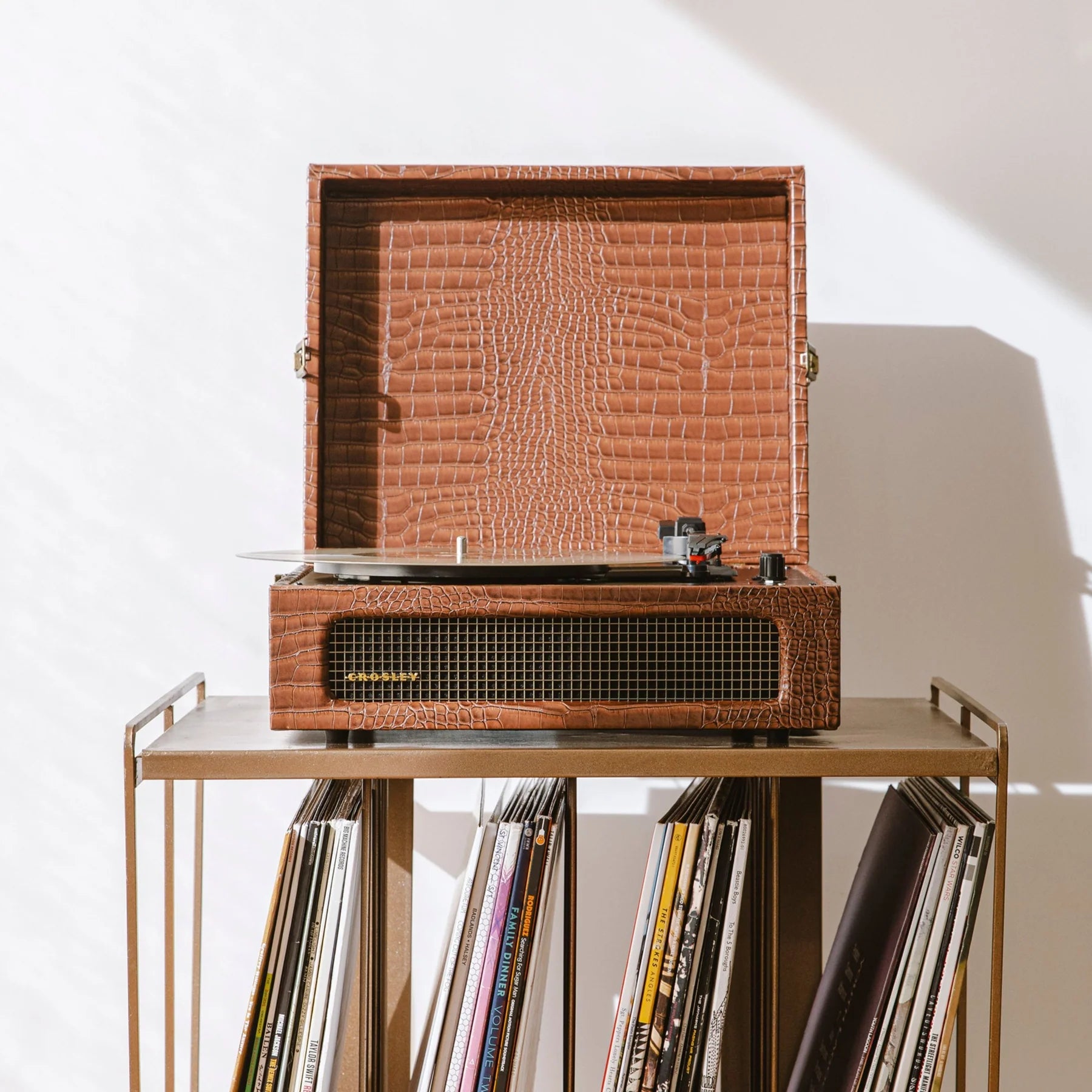 Brown Croc Crosley Cruiser Turntable + Record Storage Display