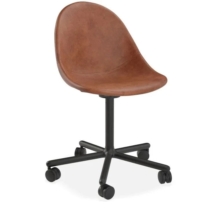 Brown Rustic Leather Swivel Base with Castors Dining Chair