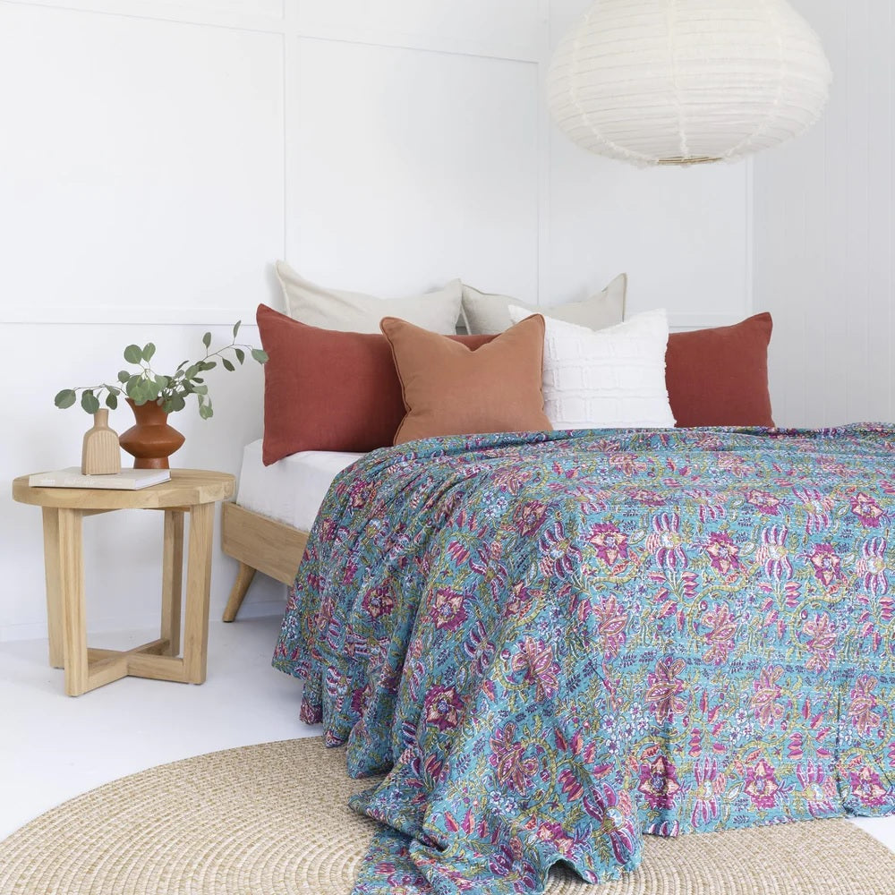 Celestial Blue Floral Cotton Bedspread King Size