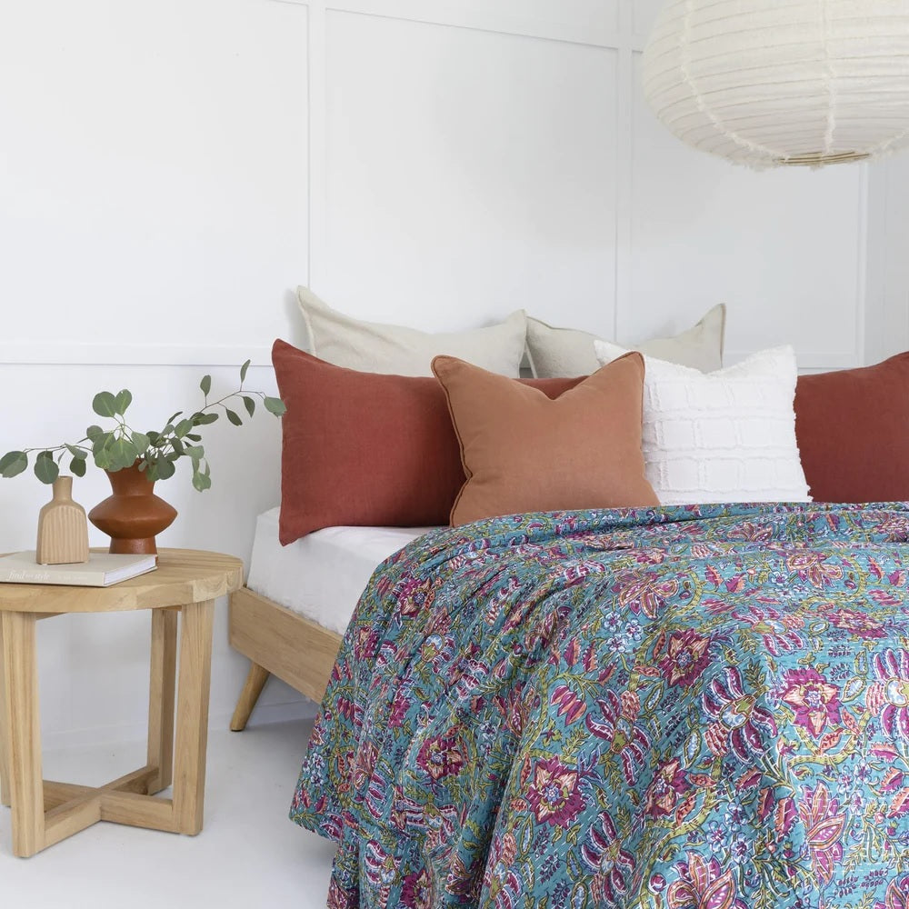 Celestial Blue Floral Cotton Bedspread King Size