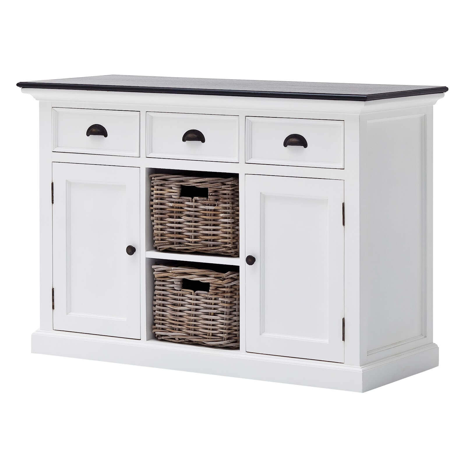 Classic Farmhouse Buffet 3 Drawers, 2 Doors & 2 Baskets Black Top