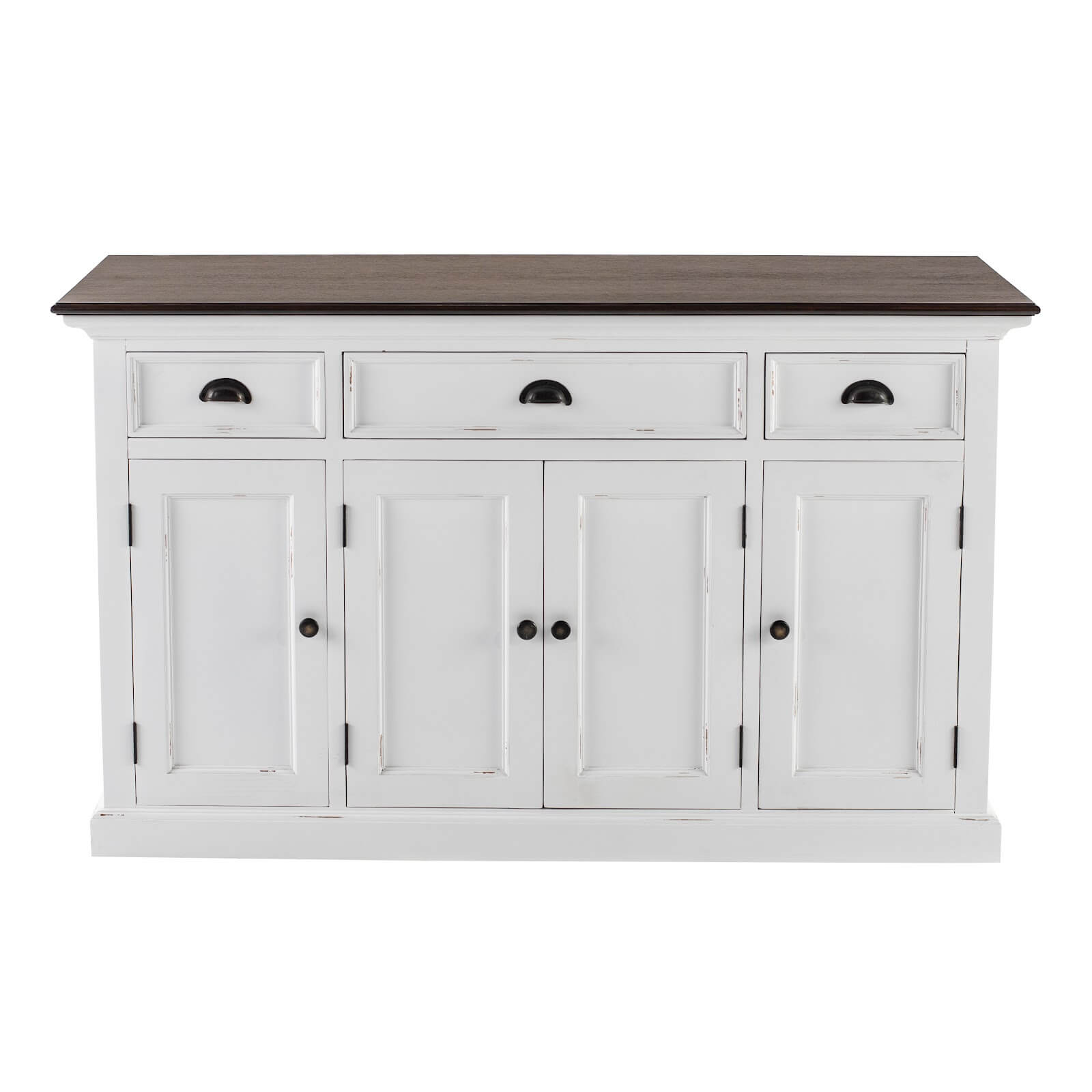 Classic Farmhouse Buffet 3 Drawers & 4 Doors White W/ Brown Top