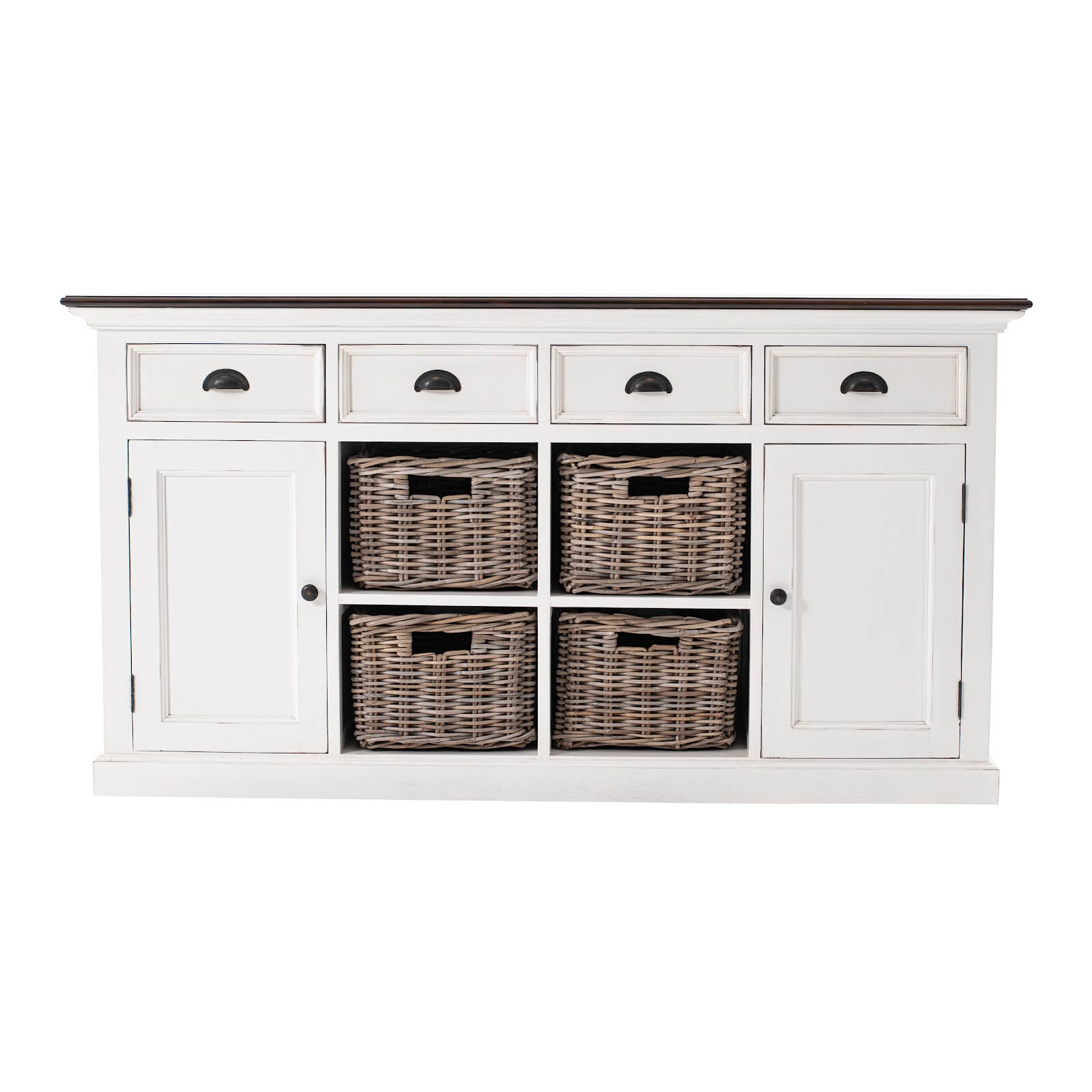 Classic Farmhouse Buffet 4 Drawers 2 Doors & 4 Baskets White W/ Brown Top