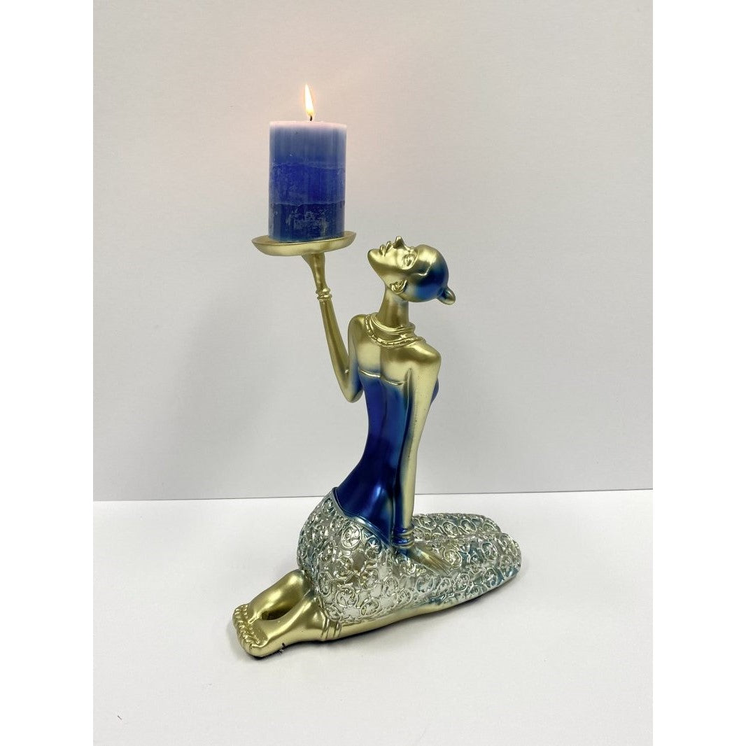 Classical Candelabra Lady Resin Sculpture - Blue