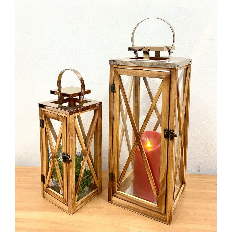 Classical Timber & Metal Candle Holder Lantern - Set of 2