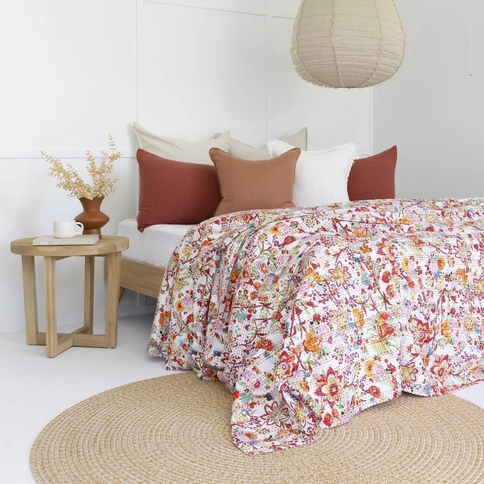 Colorful Floral Inspired White Cotton Bedspread