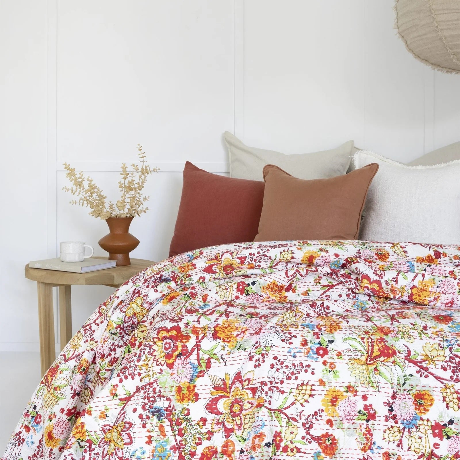 Colorful Floral Inspired White Cotton Bedspread