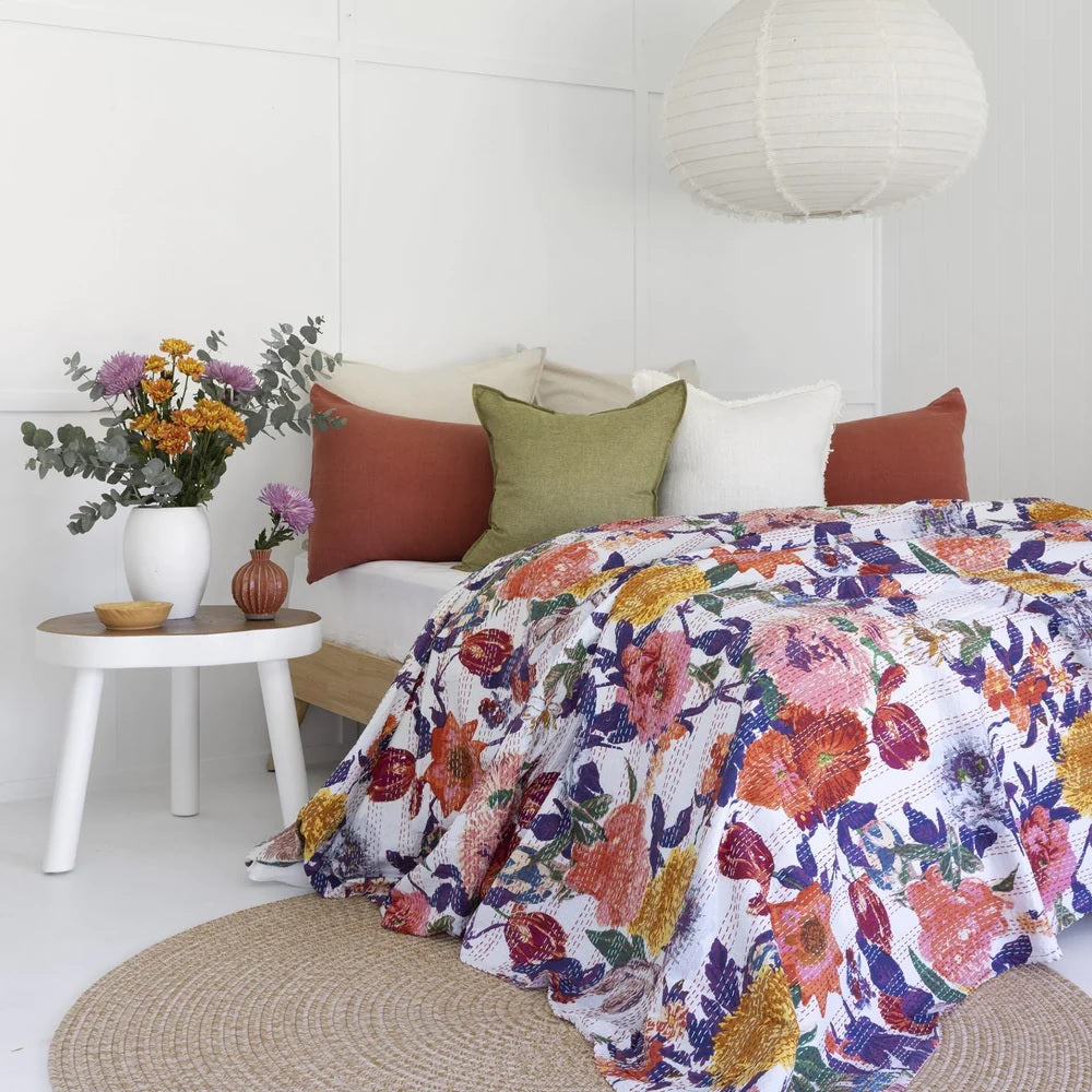 Colorful Flowers On White Hand Stitched Bedspread King Size