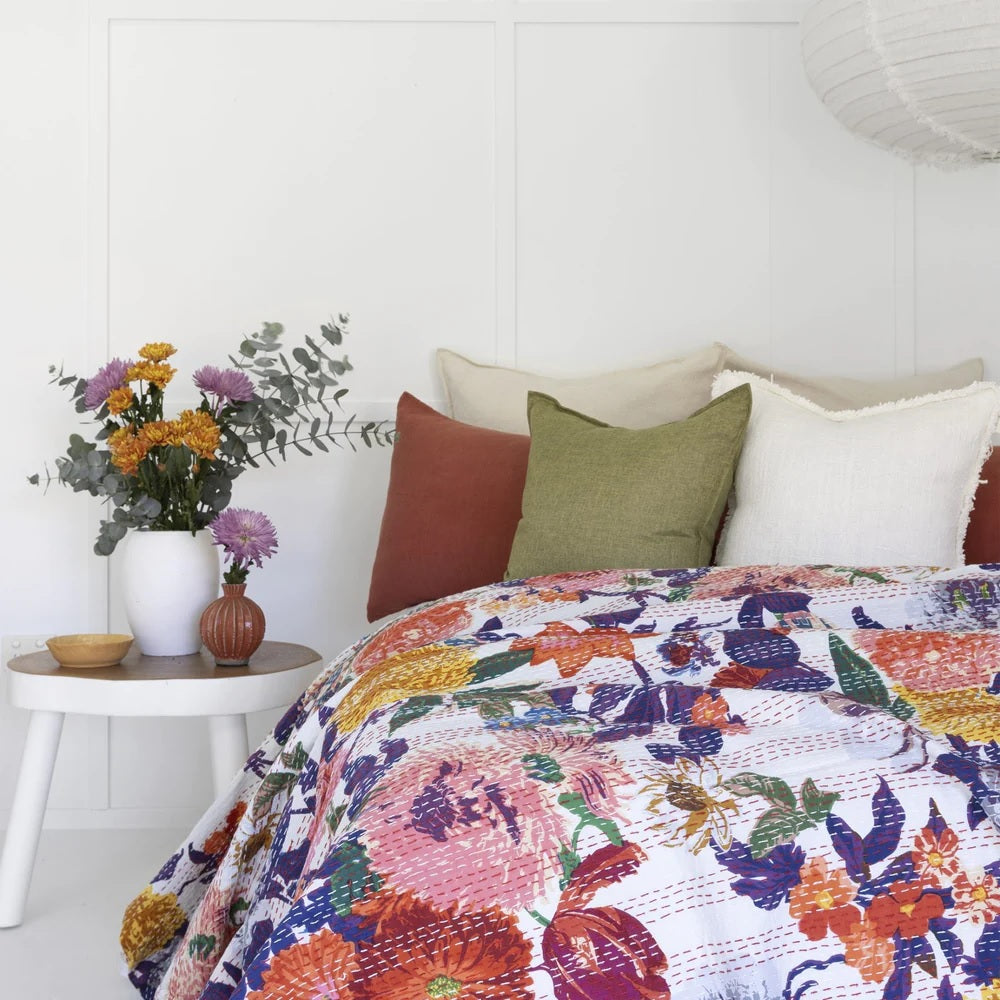 Colorful Flowers On White Hand Stitched Bedspread King Size