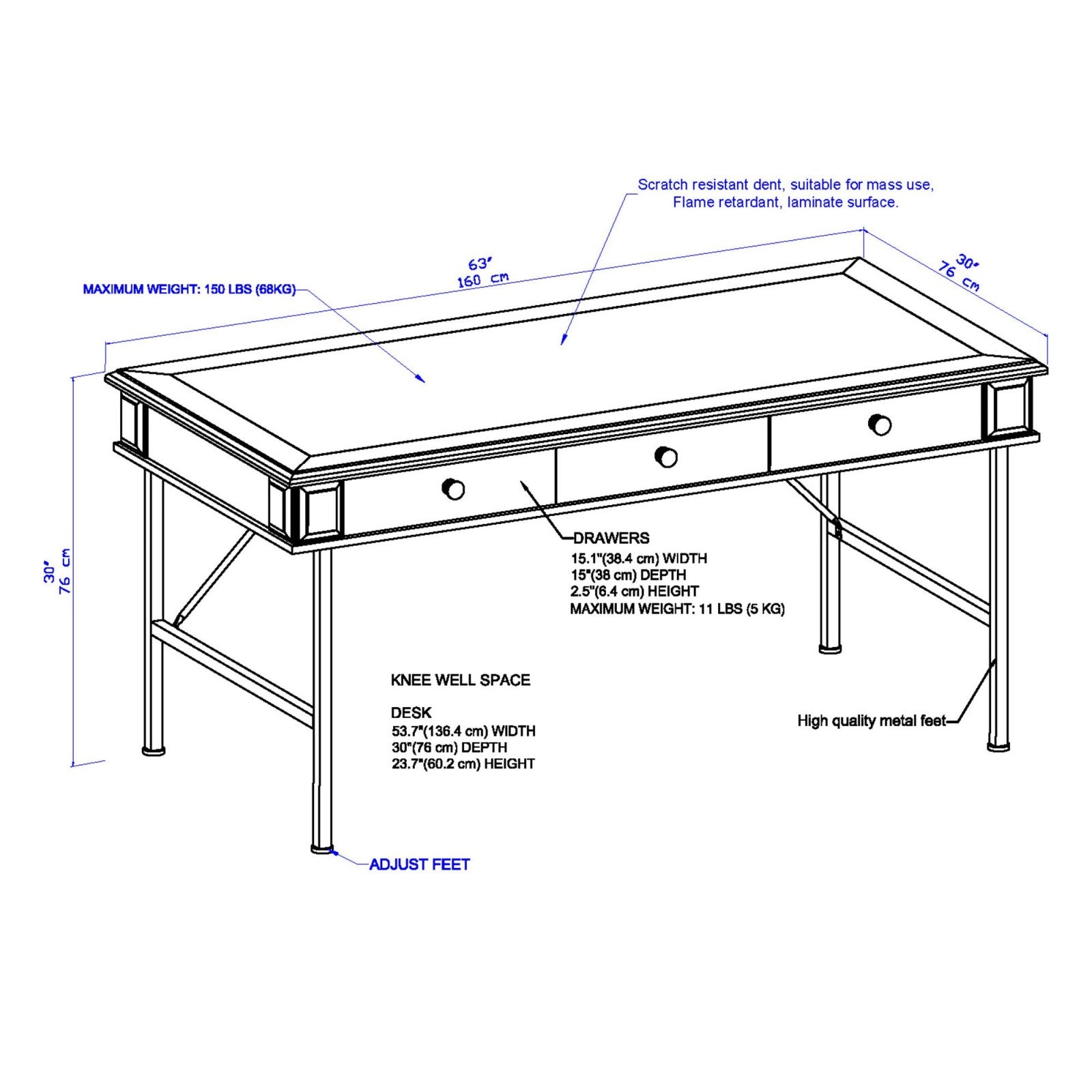 Contemporary 1.6m Writing Desk for Modern Living