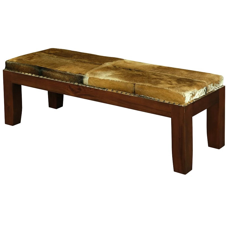 Crafted Large Studded Goat Hide Bench - Brown