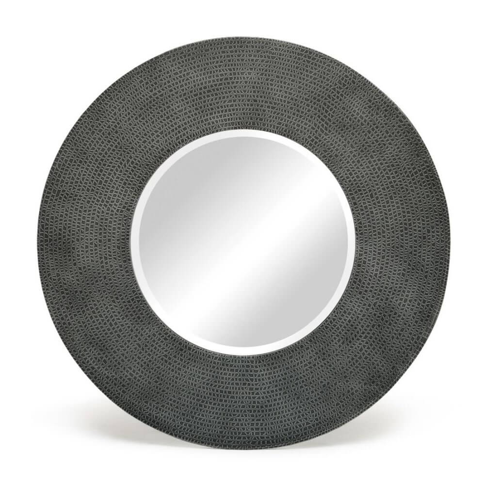 Croc Pattern Black Silver Metal Frame Round Wall Mirror