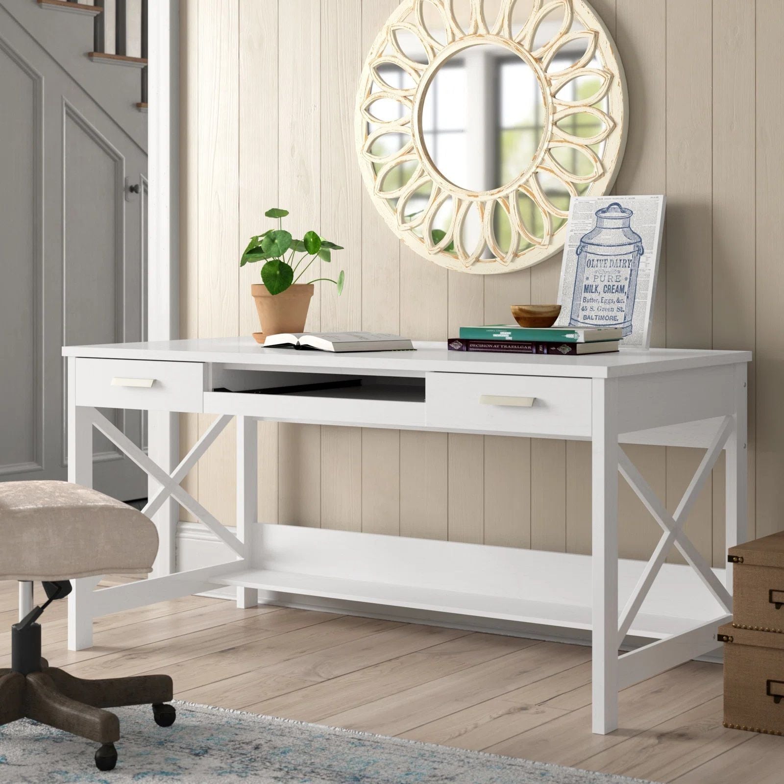 Distressed White Writing Desk with Vintage Appeal