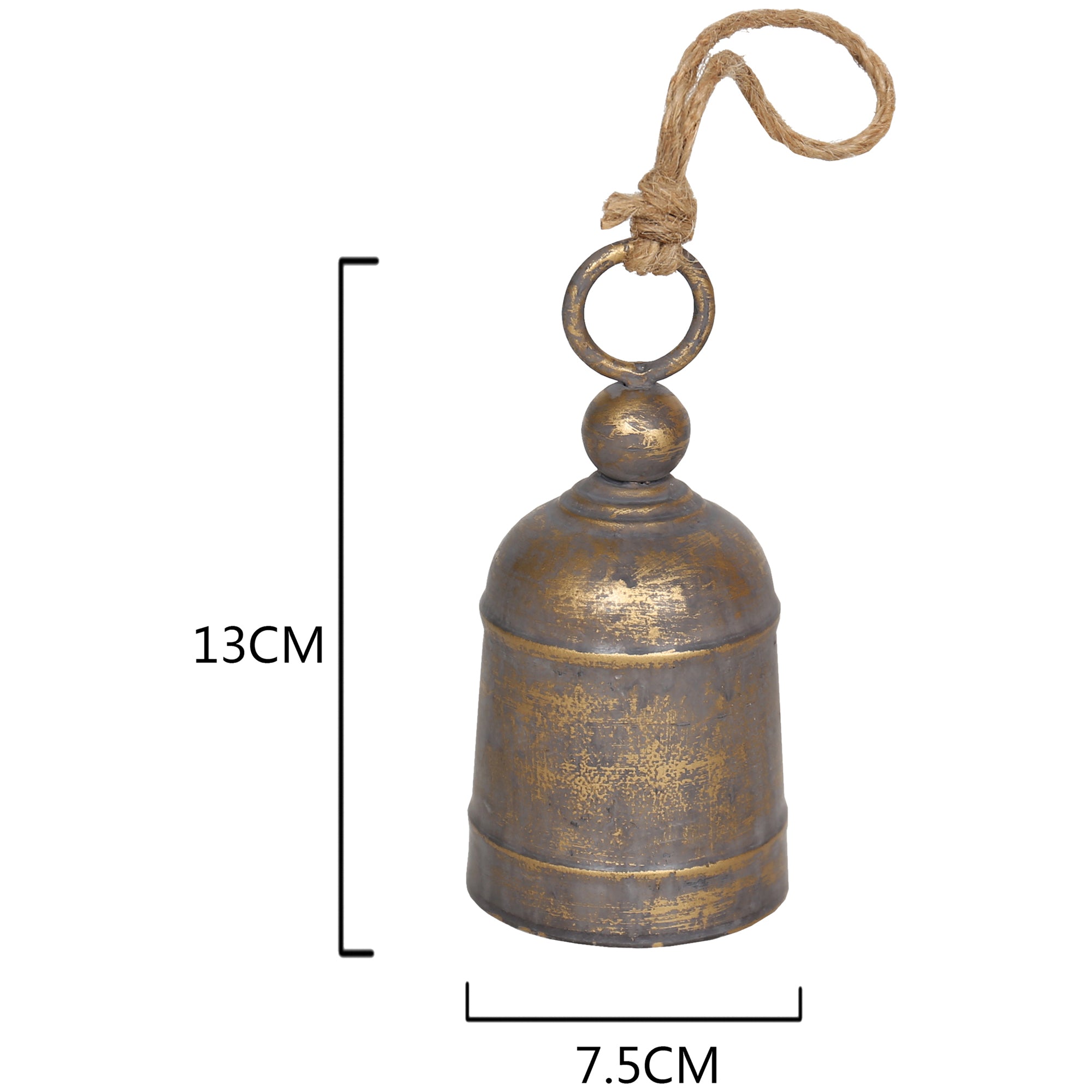 Distressed Gold Decorative Bell with Rope Handle - 13cms