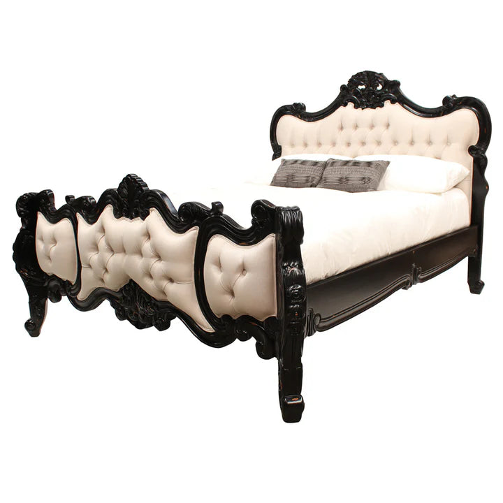 Exquisite Wooden Rococo Queen Size Bed - Distressed Black
