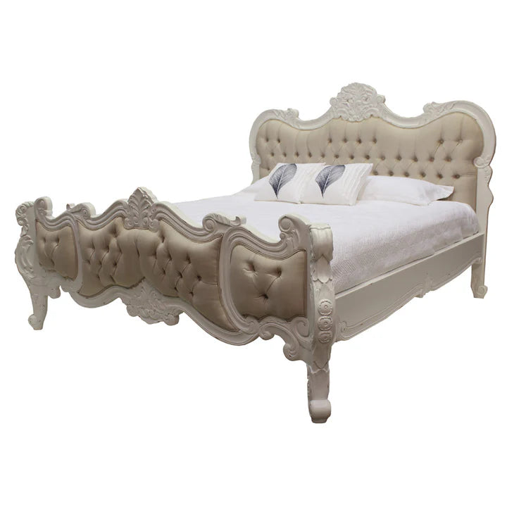 Exquisite Wooden Rococo King Size Bed - Distressed White