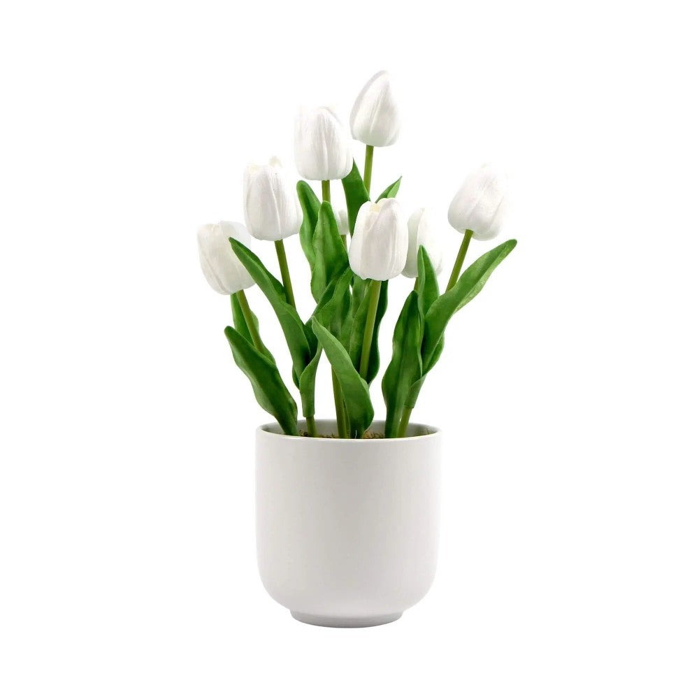 Flowering White Artificial Tulip Plant Arrangement 35cms