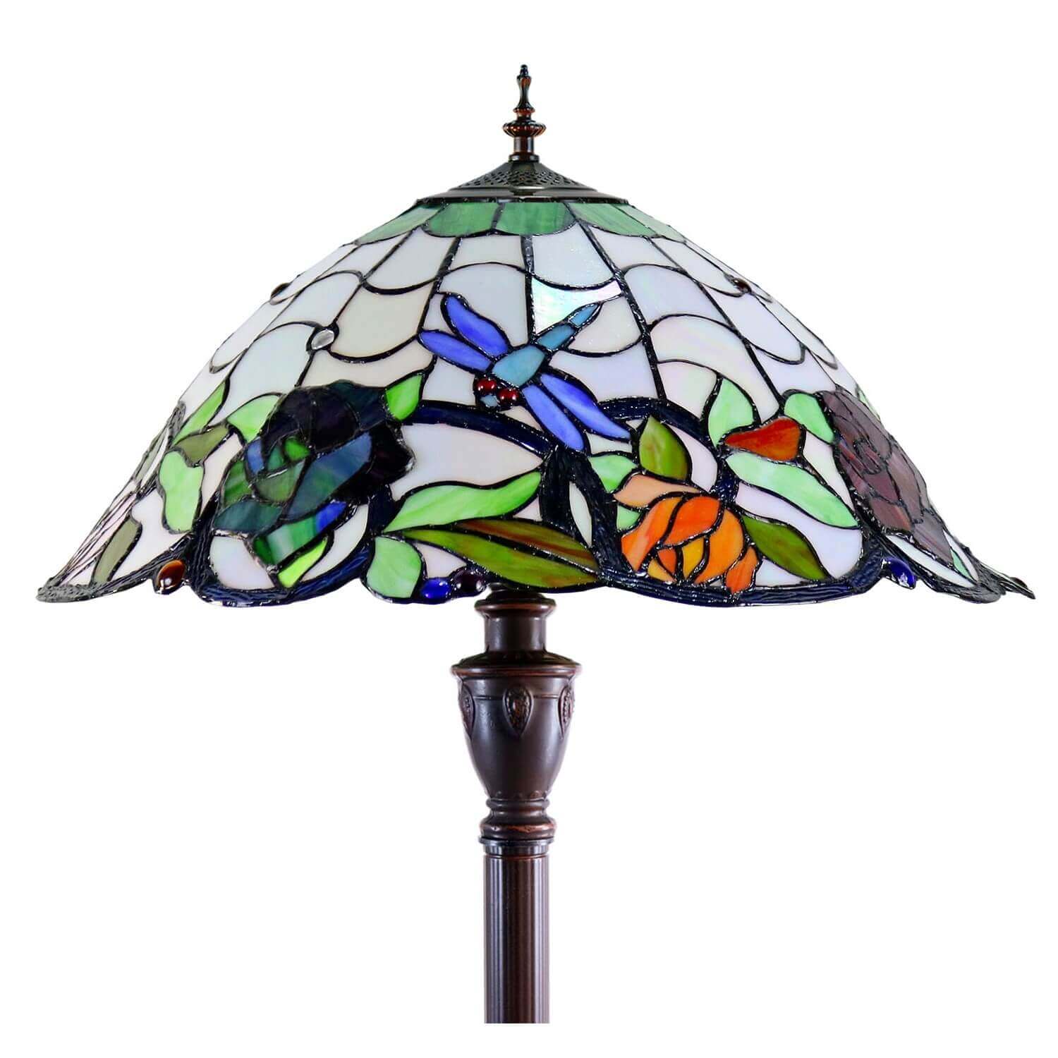 Flowers & Dragonflies Tiffany Stained Glass Floor Lamp