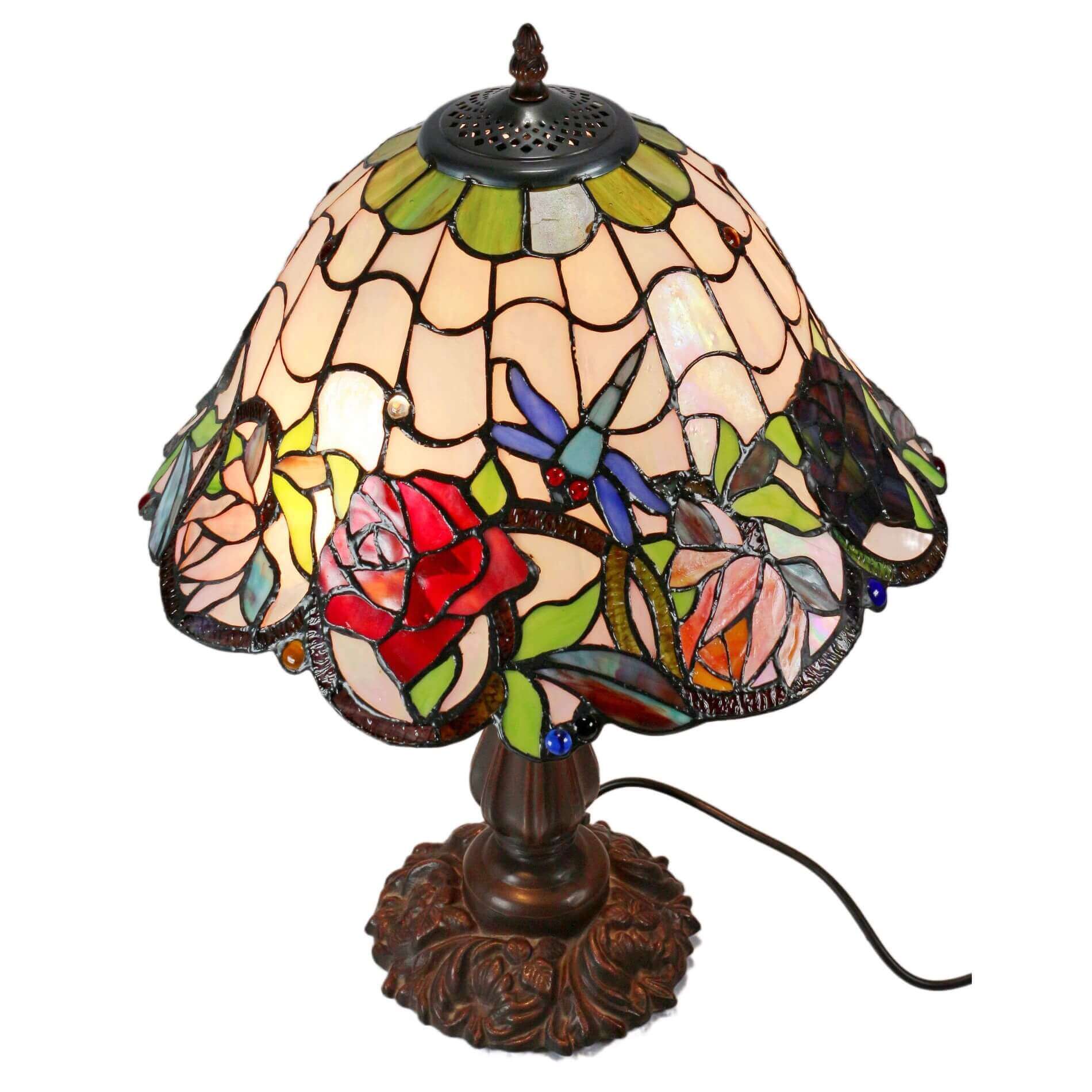 Flowers & Dragonflies Tiffany Stained Glass Table Lamp (Available in 2 Sizes)