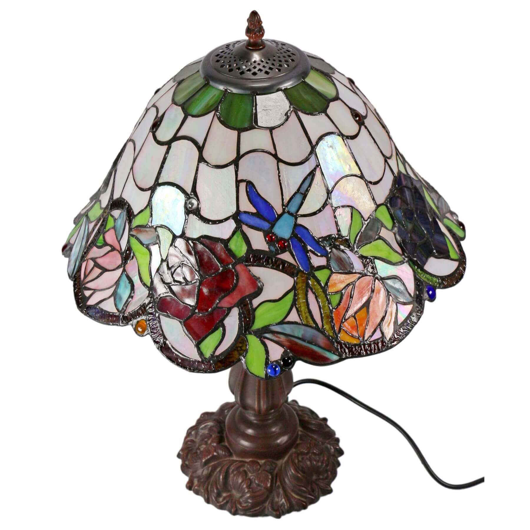 Flowers & Dragonflies Tiffany Stained Glass Table Lamp (Available in 2 Sizes)