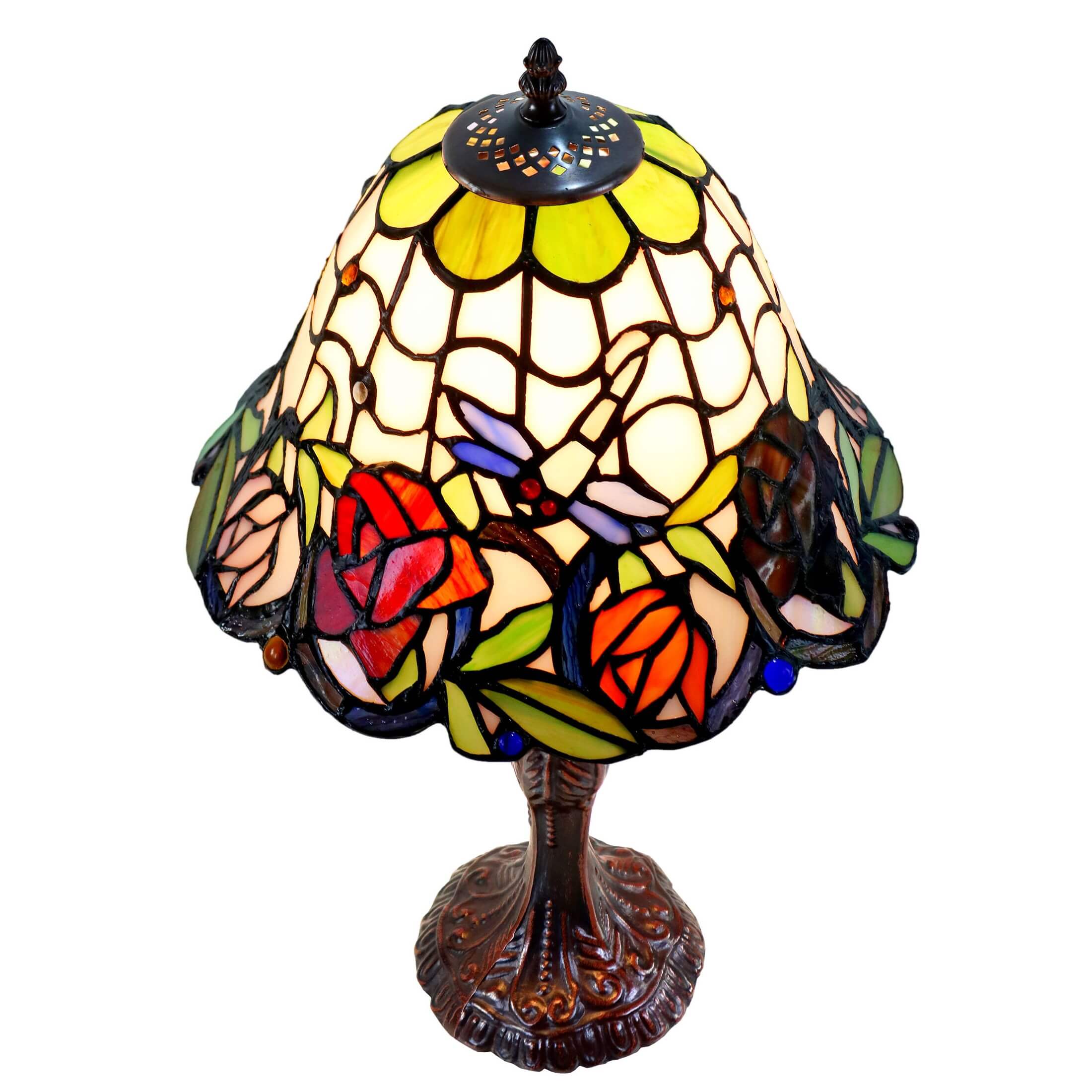 Flowers & Dragonflies Tiffany Stained Glass Table Lamp (Available in 2 Sizes)