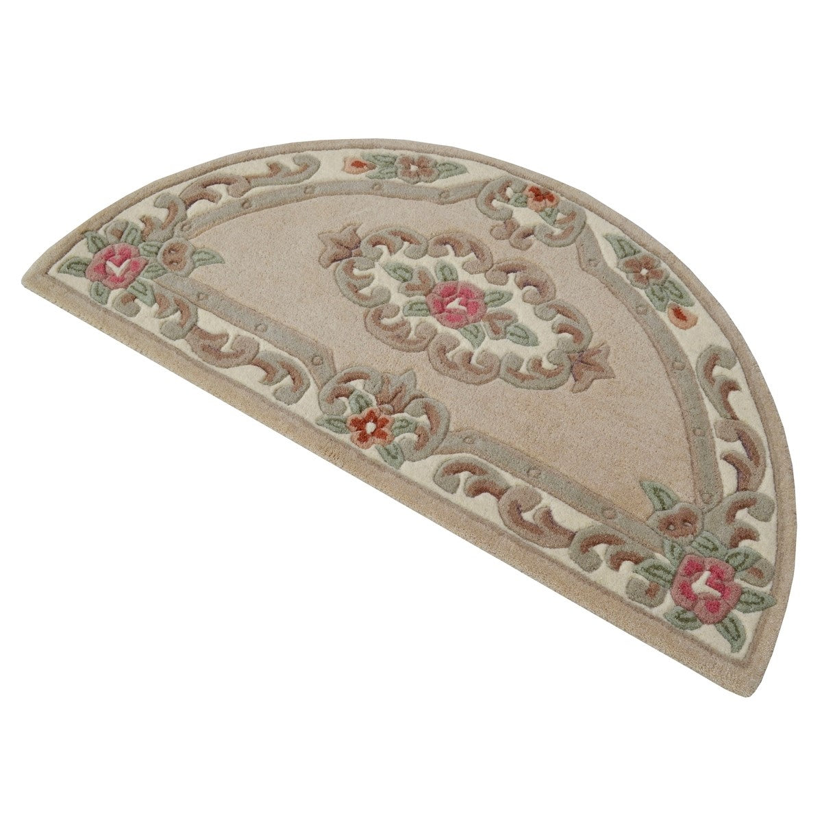 French Floral Handwoven Woolen Rug - Beige - Semicircle