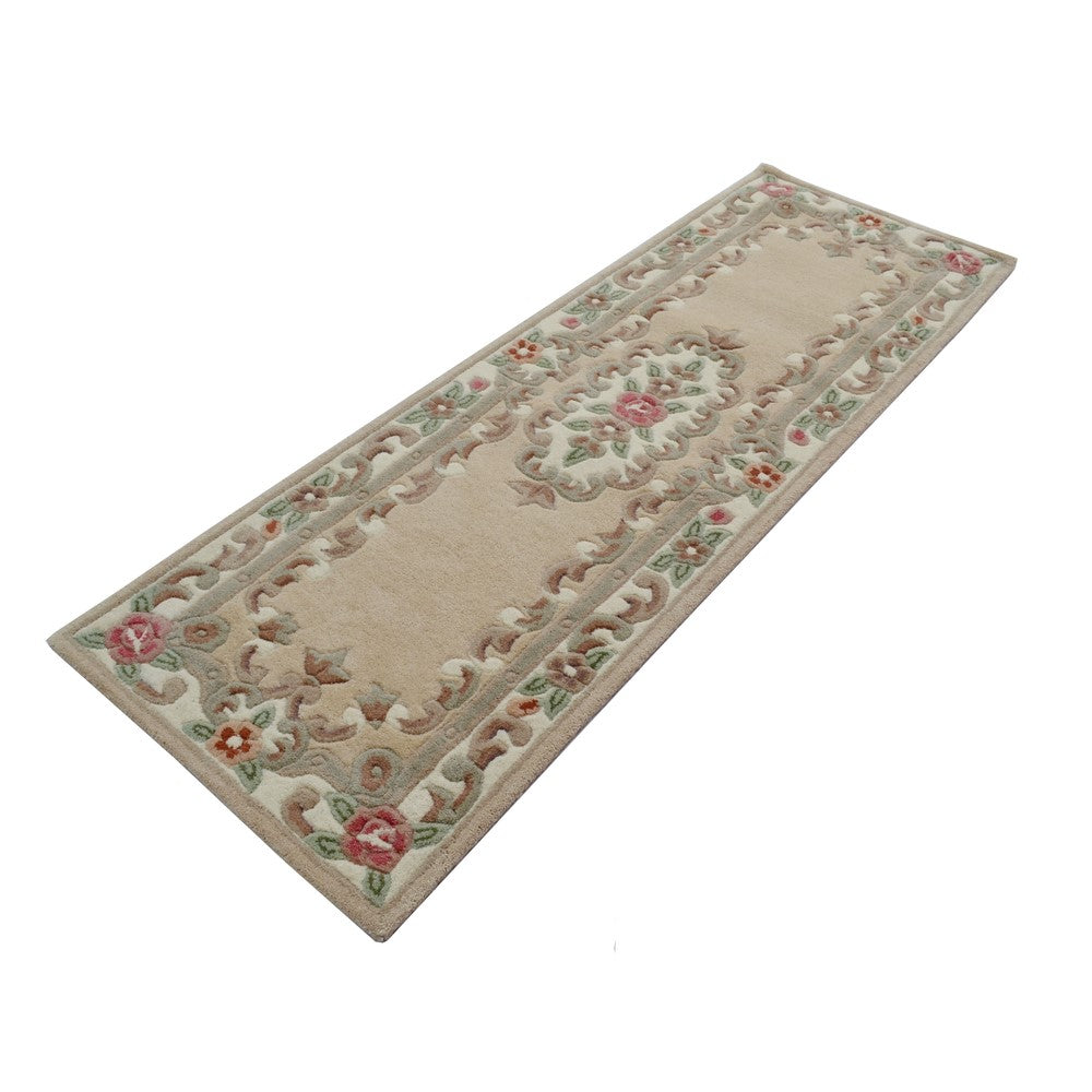 French Floral Handwoven Woolen Rug - Beige - Floor Runner