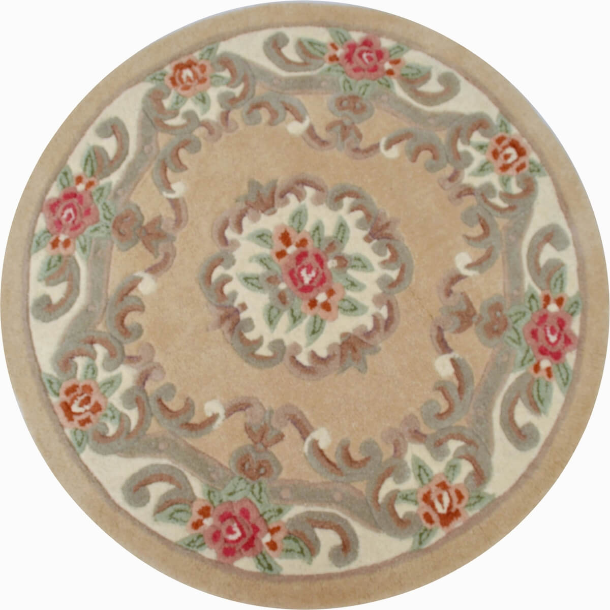French Floral Handwoven Woolen Rug - Beige - Round
