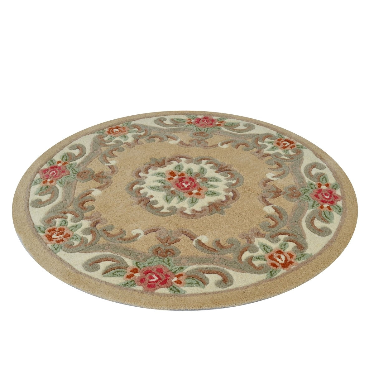 French Floral Handwoven Woolen Rug - Beige - Round