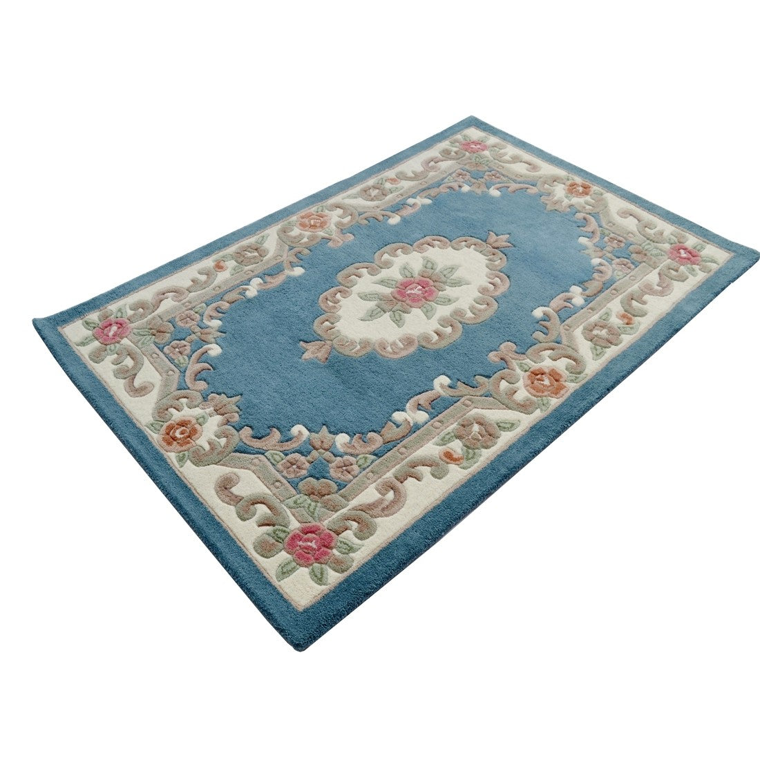 French Floral Handwoven Woolen Rug - Blue (Available in 3 Sizes)