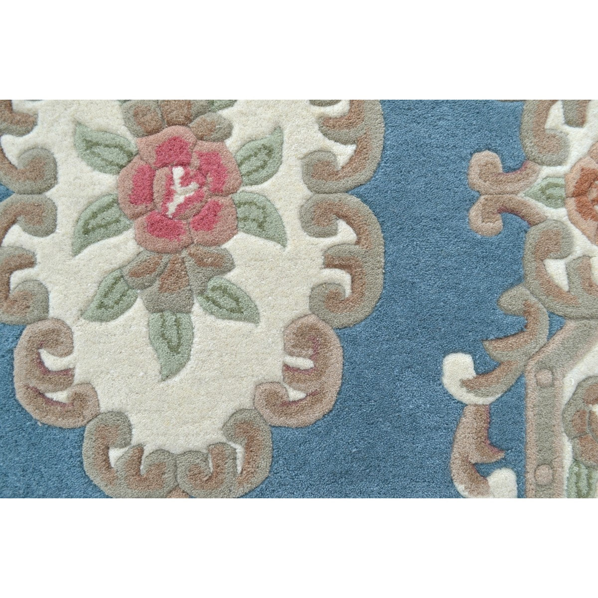 French Floral Handwoven Woolen Rug - Blue - Semicircle