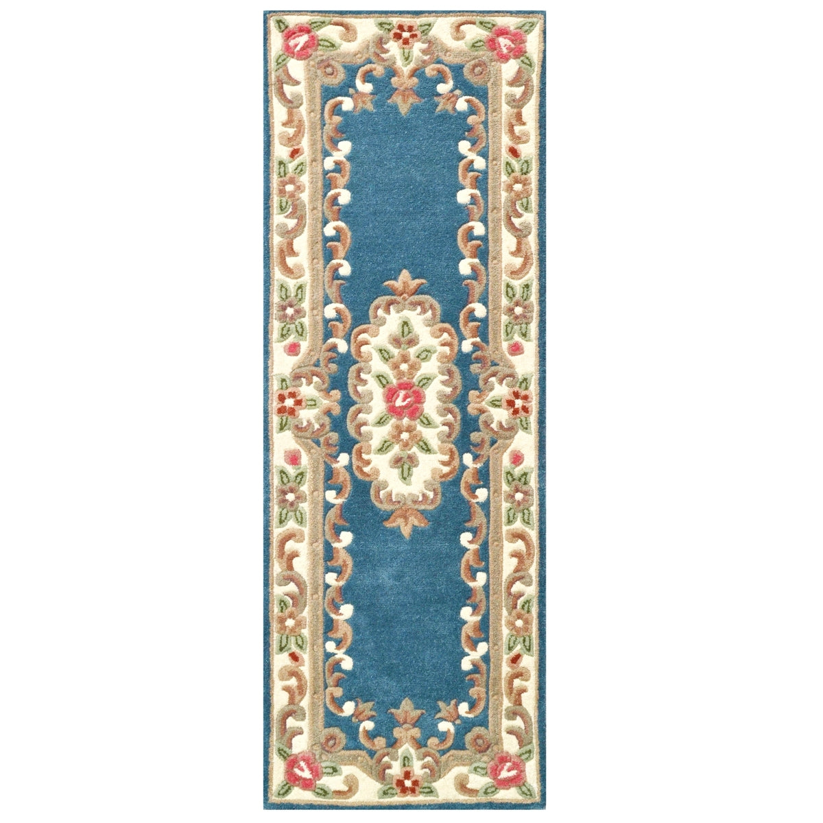French Floral Handwoven Woolen Rug - Blue - Floor Runner
